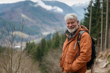 Fototapeta premium With a backdrop of a scenic mountain range, an experienced elderly hiker finds tranquility and inspiration, reflecting the happiness found in an active retirement..