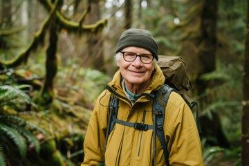 Obraz premium A senior man in a hat, carrying a backpack, stands looking at a mountainous landscape, ideal for a travel brochure promoting senior-friendly hiking tours..