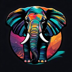 A vibrant, sleek flat vector logo of a majestic elephant in a minimalistic style, adorned with a colorful palette, isolated on a solid black background.  Upscaling by