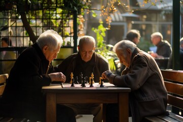 The joy of retirement is captured as two elderly men share a moment of relaxation and mental challenge over a game of chess in a peaceful park environment..