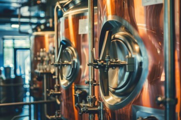 Beer production machinery: Shiny metal tanks and pipes used in the manufacture of craft beer, showcasing the intricate system of valves and pressure control..