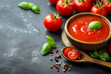 Cooking and seasoning tomato sauce. Homemade tomato sauce passata - traditional recipe of italian cuisine.Top view with copy space. set of bowl tomatoes sauce