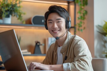Asian man using laptop for distance education smiling and typing on keyboard at home for online lessons or homework