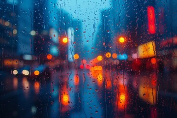 A vibrant mosaic of rippling hues dances across the darkened glass as raindrops illuminate the night, creating an abstract masterpiece of light and reflection
