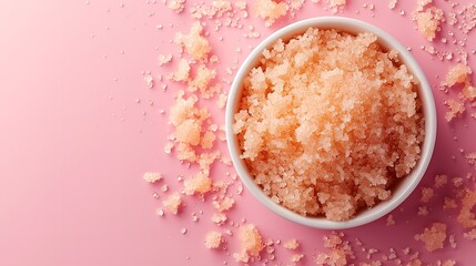 Pink lip scrub applied naturally to the skin in a petite bowl on a pink backdrop and space, Generative AI.