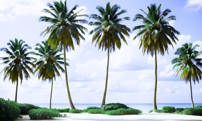 Coconut palm trees on beach form beautiful patterns and views against the background of blue sky and wispy clouds 