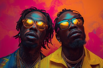 Two men exude coolness and style as they sport matching sunglasses and a bold yellow shirt, their human faces adorned with well-groomed beards, creating a striking and artistic image - obrazy, fototapety, plakaty