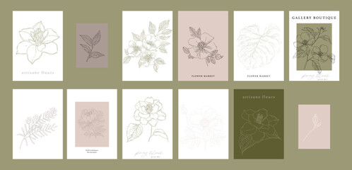 Delicate set of floral prints with abstract flowers