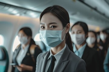 Asian flight attendants wearing face masks greet passengers boarding airplane to prevent coronavirus infection during Covid pandemic in healthcare transportatio