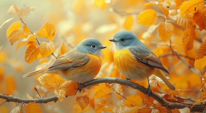 Two oscine birds sit perched on a branch, their yellow feathers shining in the sunlight, showcasing the beauty of wildlife in the great outdoors