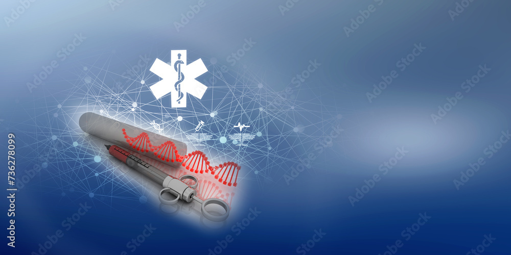 Poster 3d render of dna structure with syringe