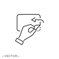 hand with sticker open icon, peel off duct tape, pull by hand to opened up, thin line symbol isolated on white background, editable stroke eps 10 vector illustration