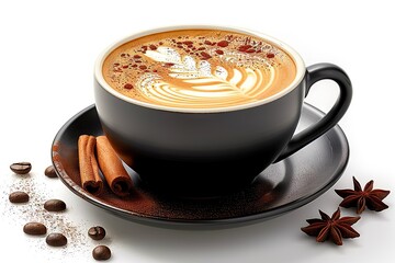 A Perfect Morning Brew Exquisite Coffee Artistry Captured, Featuring a Rich, Creamy Latte with Elegant Latte Art, Accented by Fresh Coffee Beans and Aromatic Spices