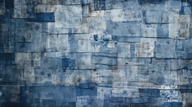 The background is old newspaper clippings in Indigo color