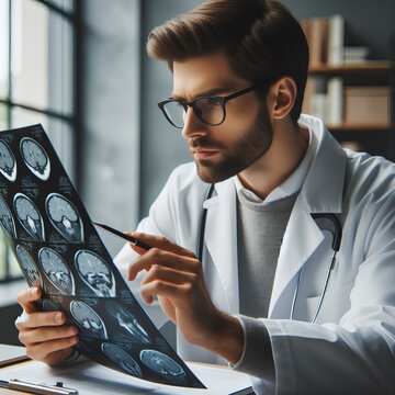  Side view of male doctor studying MRI results. Male specialist working in hospital, carrying out description of the radiographs of patient, pointing by pen. Specialist wearing glasses and white robe.