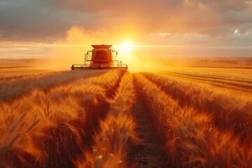 As the golden sun sets over the expansive wheat field, a powerful harvester and tractor work tirelessly to bring in the bountiful cash crop, framed by a picturesque sky and lush outdoor landscape - obrazy, fototapety, plakaty