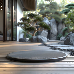 Obraz premium empty stone podium against the backdrop of an oriental garden