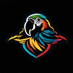 A simple and sleek flat vector logo showcasing the face of a colorful parrot, isolated on a solid black background. The image is captured with HD clarity.  Upscaling by