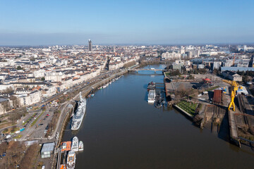 A photo from a drone of the French city of Nantes on the Loire River.