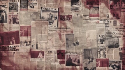 The background is old newspaper clippings in Maroon color.