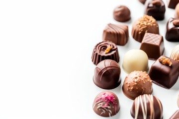 Assorted liqueur chocolates on white background with soft shadows Copy space available