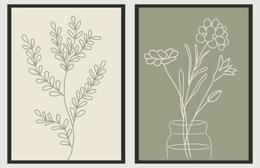 Tiny wild flowers Line Drawing Print Set. Botanical Sage Green Poster. Modern Line Art, Aesthetic Contour. Perfect for Home Decor, packaging, tattoo, logo, jewelry design. Vector illustrations.