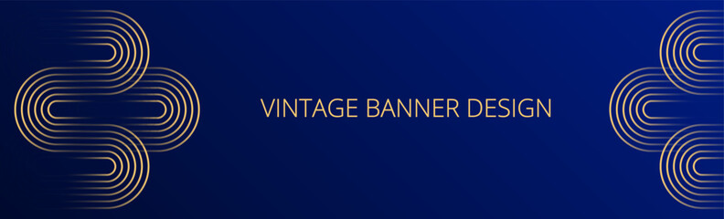 Royal blue gradient banner. Abstract background with gold wavy lines design. Vintage geometric pattern. Web banner template. Blended lines 