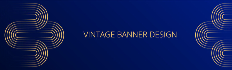 Royal blue gradient banner. Abstract background with gold wavy lines design. Vintage geometric pattern. Web banner template. Blended lines	
