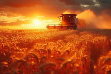As the fiery sun sets over the golden wheat field, a powerful combine harvester diligently works to bring in the bountiful harvest, with the endless sky and fluffy clouds bearing witness to the hard 