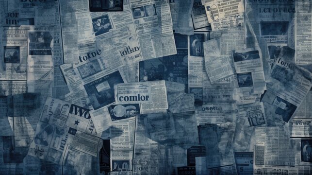 The background is old newspaper clippings in Navy Blue color.