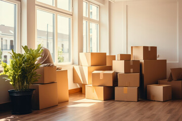 Many cardboard boxes on the floor against the wall in bright room. Moving, packing things,delivery.