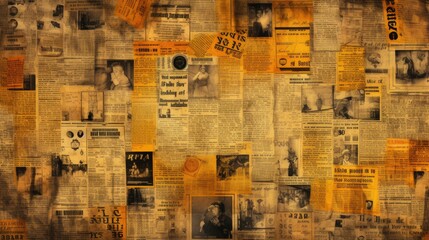 The background is old newspaper clippings in Saffron color.