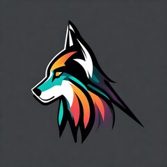An HDcaptured image of a minimalistic and colorful flat vector wolf logo, set against a sleek black backdrop, creating a captivating visual impact.  Upscaling by