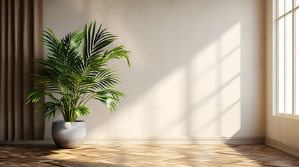 Fototapeta na wymiar Plant against a white wall mockup. White wall mockup with brown curtain, plant and wood floor. 3D illustration. copy space. generative ai