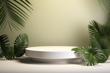 podium and minimal white for product display with tropical leaves and warm light background.