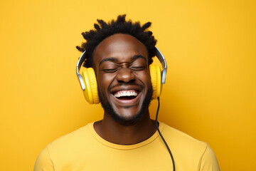 Photo picture of a carefree positive guy listening to upbeat music isolated on vivid yellow color background generative AI