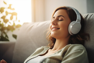 Photo picture of a charming cute relaxed woman at home listening to audiobook created with generative AI
