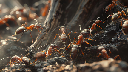 The journey of foraging ants as they navigate natural obstacles and work together to transport food back to their colony - obrazy, fototapety, plakaty