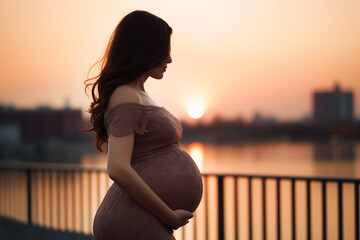 Generative ai image picture of adorable charming pregnant young woman mommy enjoy beautiful view sunset - obrazy, fototapety, plakaty