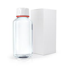 Glossy transparent bottle mockup realistic for pharmacy or cosmetic products and blank white box. 3d illustration set on white
