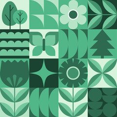 Geometric background. Flowers, leaves and butterfly in flat minimalist style.