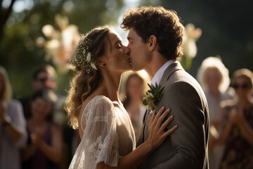 Generative ai collage picture photo of married couple kissing on wedding ceremony