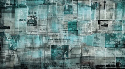 The background is old newspaper clippings in Teal color