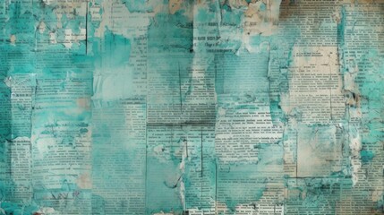 The background is old newspaper clippings in Turquoise color