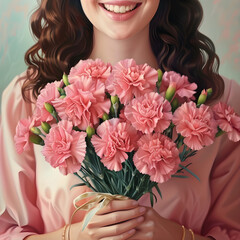 Witness the joy of Women's Day as a woman receives a beautiful bouquet of pink carnations, her smile radiating appreciation and gratitude