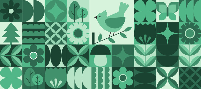 Modern geometric banner. Flowers, leaves, trees and bird in flat minimalist style.