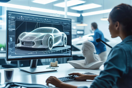 Automotive Designer and Modeler Working as a Team on Creating a Futuristic Car in a Studio