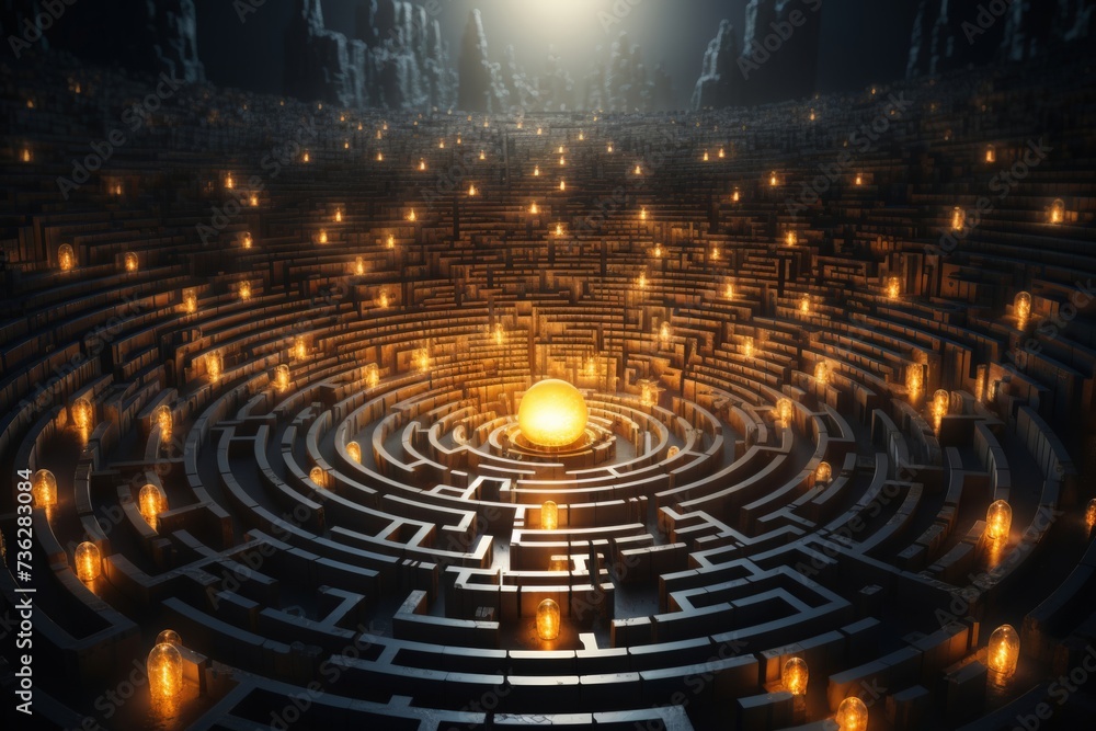Poster a conceptual image of a complex maze with golden edges and a central glowing sphere, symbolising cha