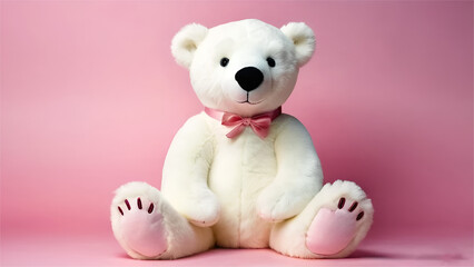 Stuffed animal a white polar bear siiting and looking camera isolated on pink background