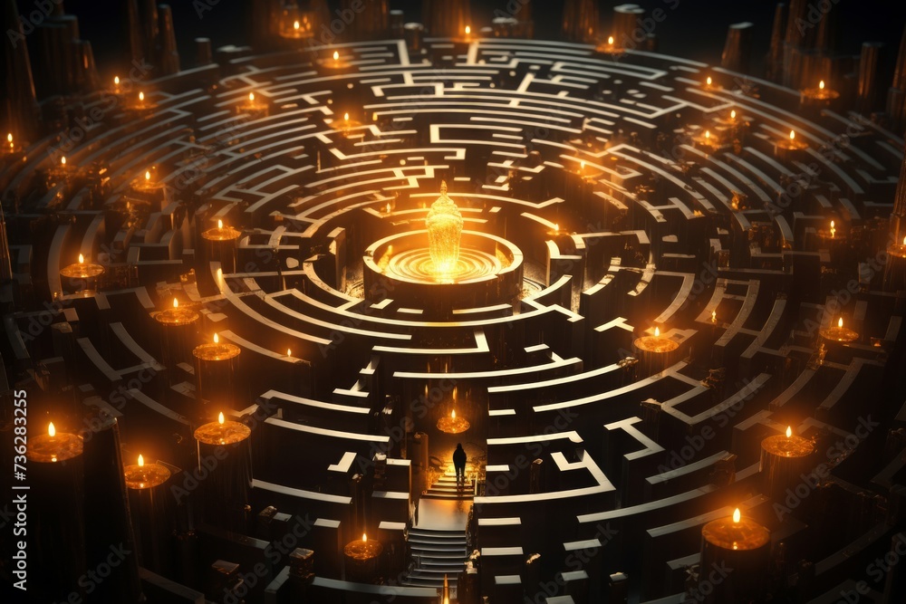 Poster a conceptual image of a complex maze with golden edges and a central glowing sphere, symbolising cha